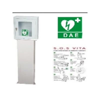 Teca da INTERNO - versione completa di piantana di supporto e allarme cartello DAE e cartello SOS-VITA inclusi.